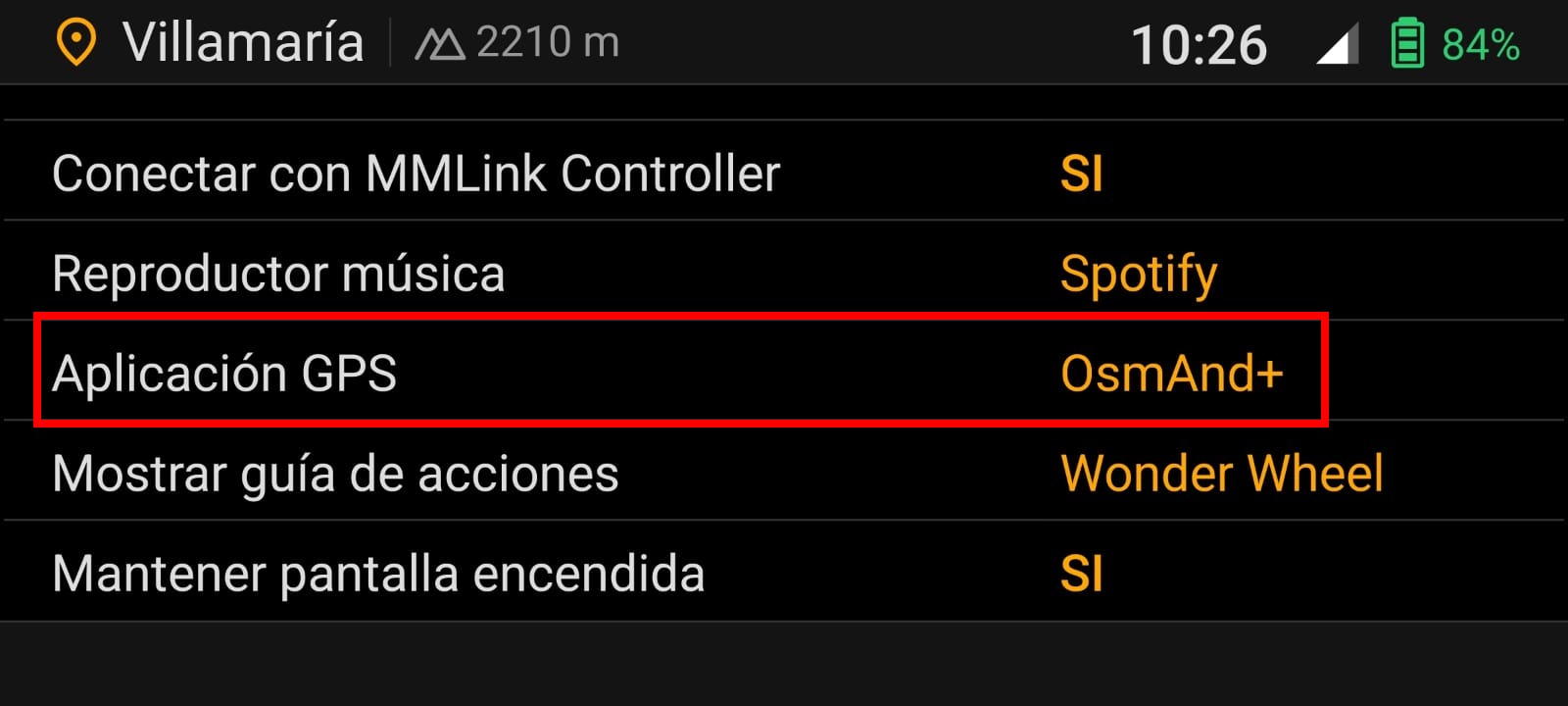 OsmAnd seleccionado como aplicación de GPS en Moto Media Link