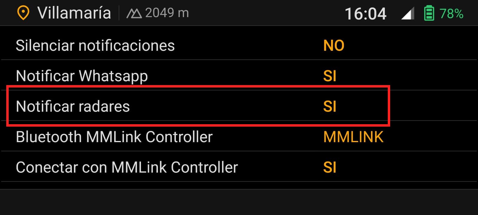 Opción Notificar radares en los ajustes de Moto Media Link