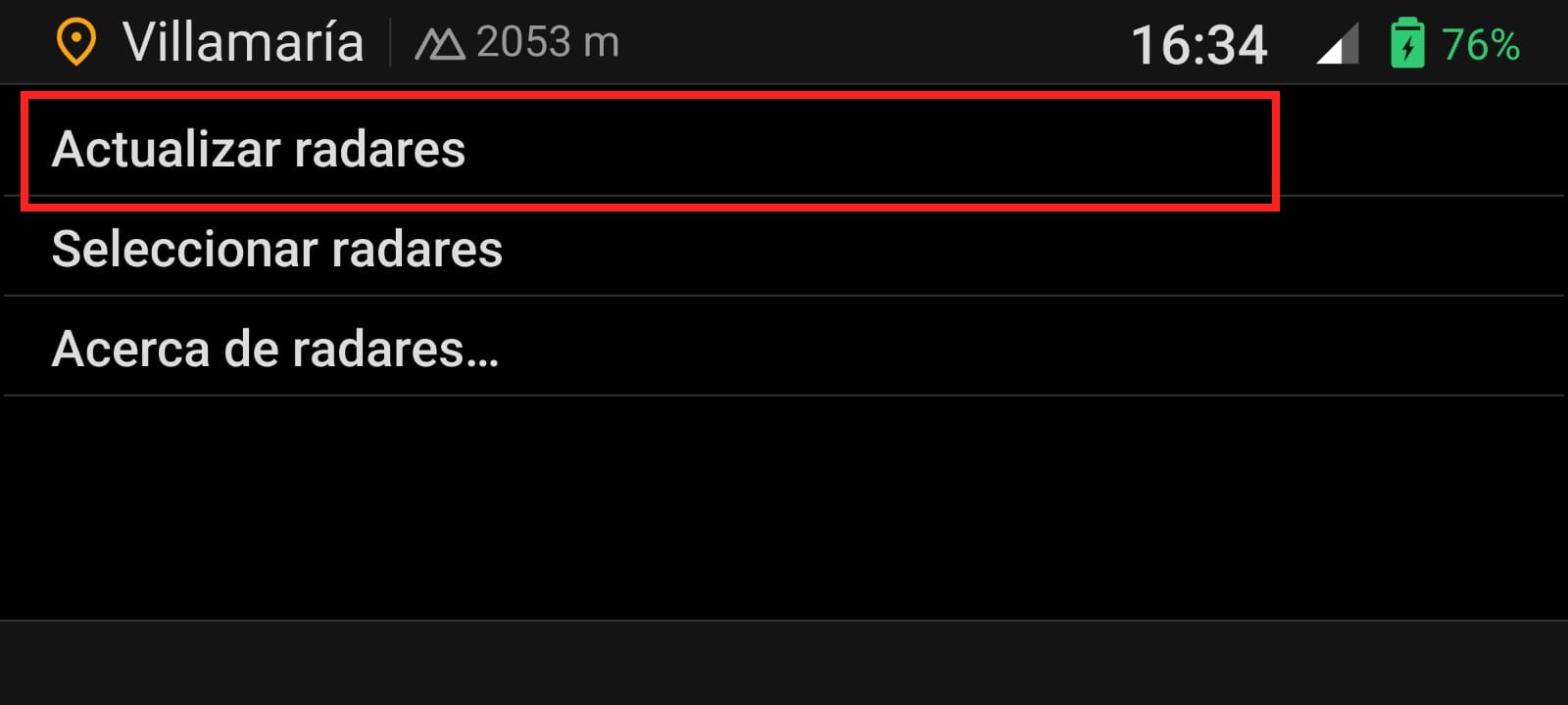 Pantalla de actualización de radares
