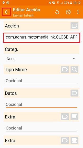 Editar acción Enviar Intent para cerrar Moto Media Link