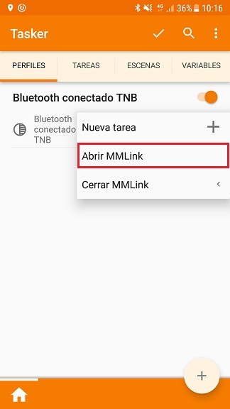 Seleccionar tarea Abrir Moto Media Link para el perfil Bluetooth